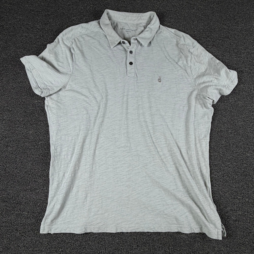John Varvatos Polo Shirt Mens L Grey Slub Knit Peace Sign Logo EUC